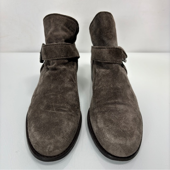 Stuart Weitzman Gray Tan Suede Buckle Strap Accent Desert Booties Size 8 - Picture 2 of 11